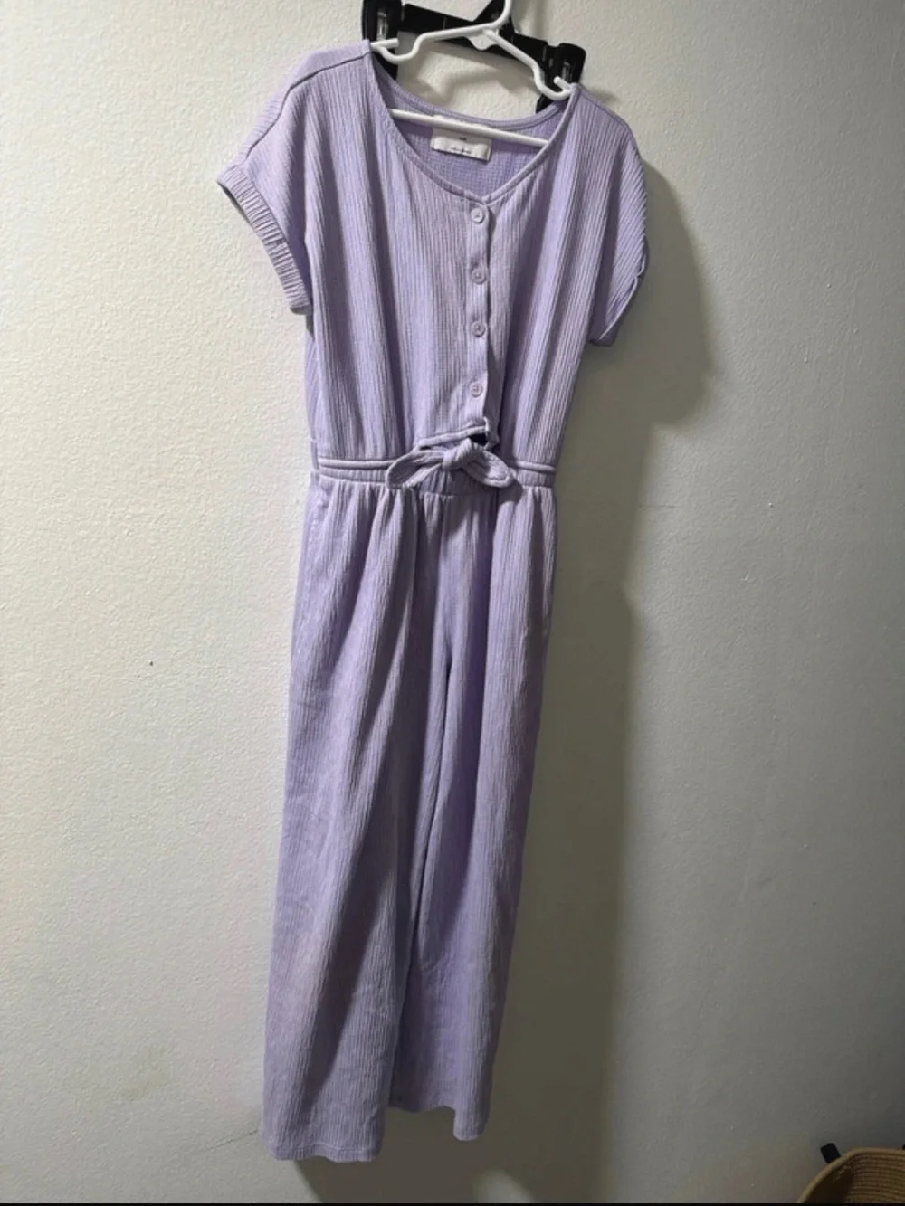 Old Navy Lilac Ribbed Short-Sleeve Jumpsuit with Waist Tie